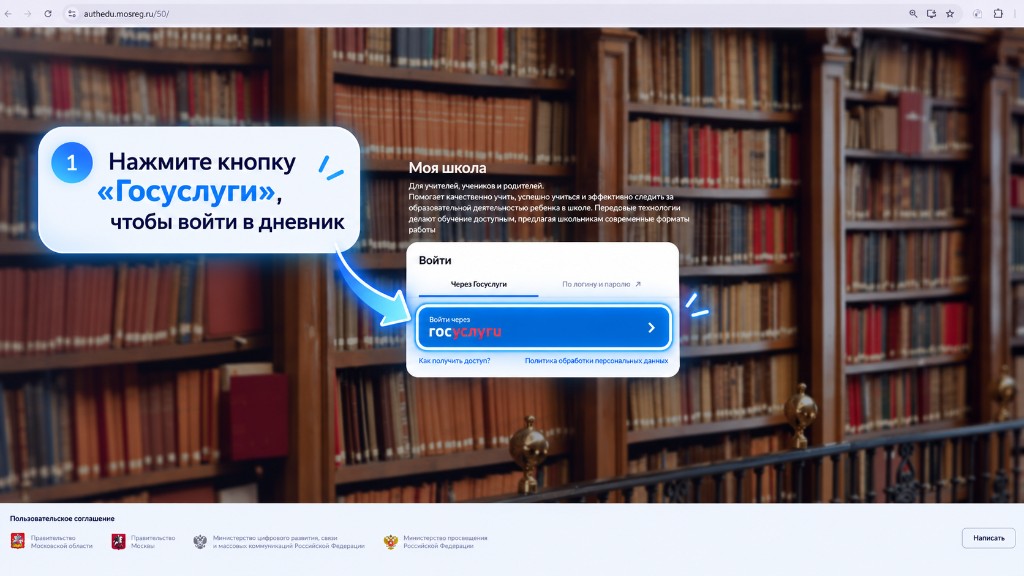 Экран входа в дневник «Моя школа»: кнопка «Войти через Госуслуги»